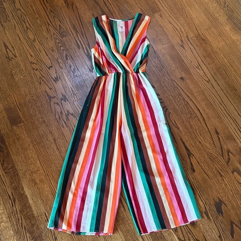 My Story Rainbow Multi Contempoary Sleeveless Colorful Striped Wide Leg Jumpsuit - Picture 1 of 6
